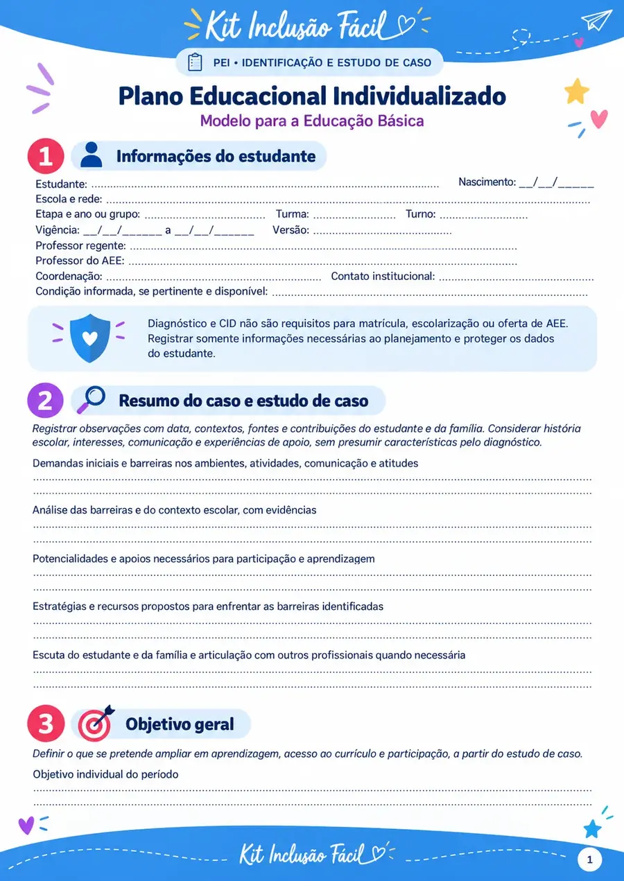 Página 1 do modelo de Plano de Ensino Individual