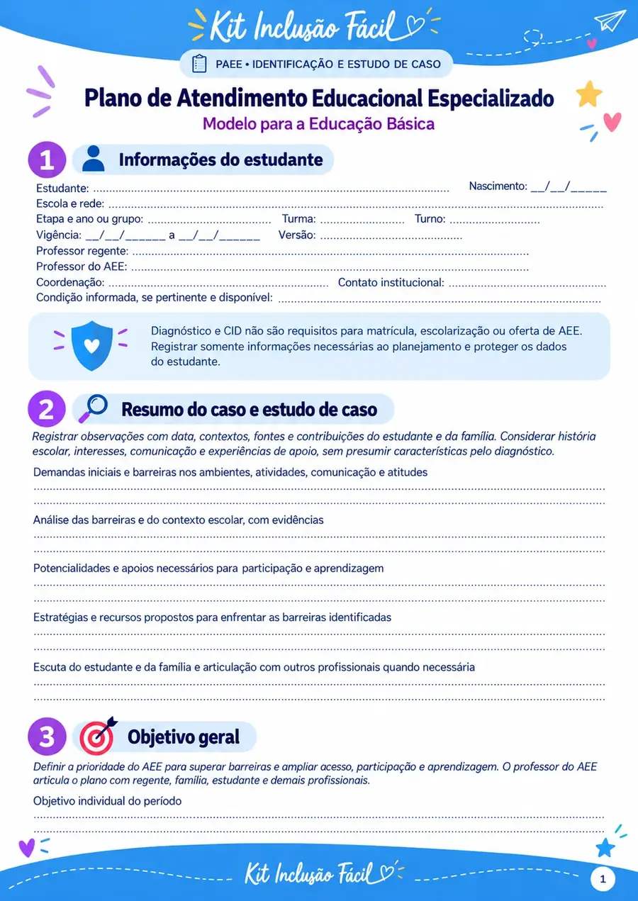 Página 1 do modelo de Plano de Atendimento Educacional Especializado
